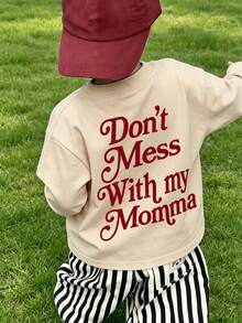 New Baby Boy Casual Slogan Print Loose Long Sleeve T-Shirt, Comfortable And Soft, Fashion Essential Item - Apricot - View 1