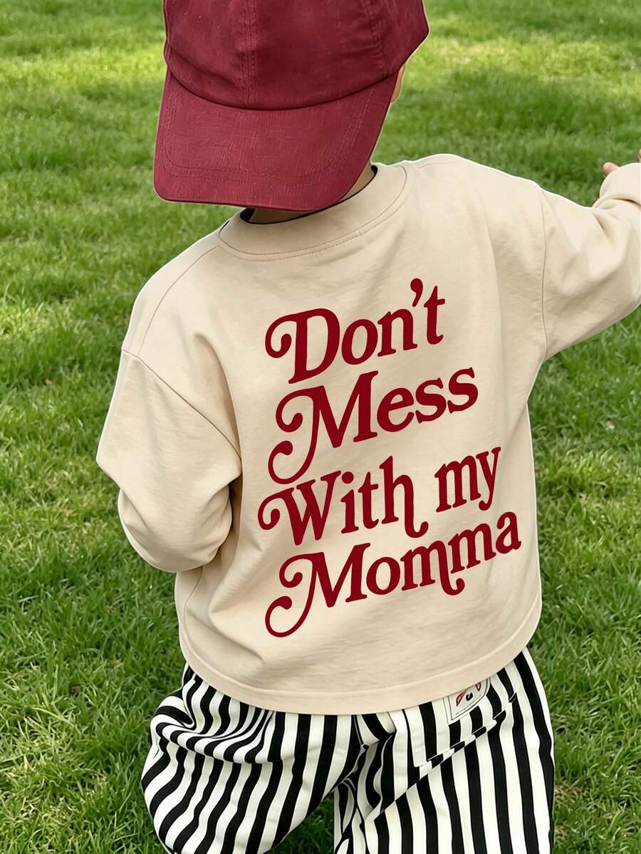New Baby Boy Casual Slogan Print Loose Long Sleeve T-Shirt, Comfortable And Soft, Fashion Essential Item - Apricot - View 1