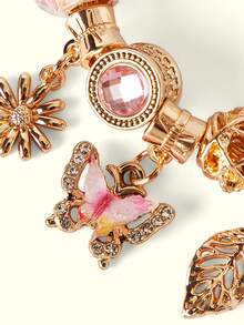Popjeli 1pc Stainless Steel Bracelet With Colorful Butterfly, Leaf & Daisy Charm - Gold Pink - View 7