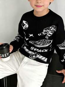 1pc Boys' Round Neck Knitted Sweater, Soft Space Element Pattern Colorblock Design, Casual Commute Outfit, Autumn/Winter - Black - View 1