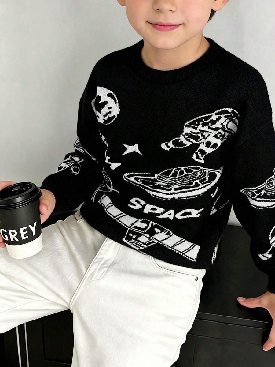 1pc Boys' Round Neck Knitted Sweater, Soft Space Element Pattern Colorblock Design, Casual Commute Outfit, Autumn/Winter - Black - View 1