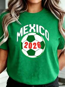 Women's Green Mexico 2026 Football Print Short Sleeve Cotton Casual T-Shirt, Round Neck Regular Fit Top, Slight Stretch Fabric - 綠色 - 查看 1