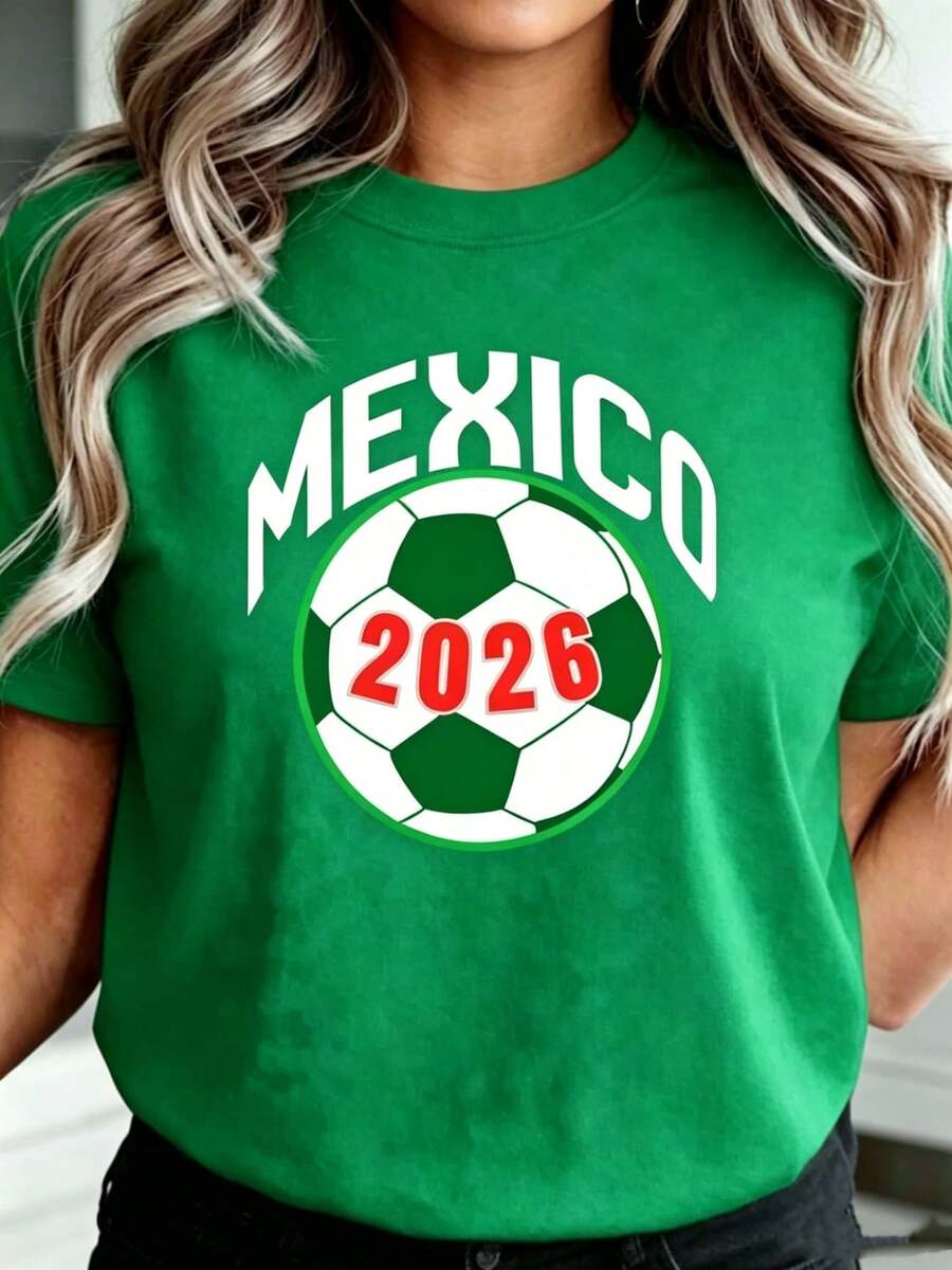 Women's Green Mexico 2026 Football Print Short Sleeve Cotton Casual T-Shirt, Round Neck Regular Fit Top, Slight Stretch Fabric - 綠色 - 查看 1