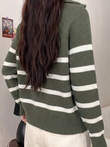 Striped Half-Zip Long Sleeve Knit Sweater - Green - View 2