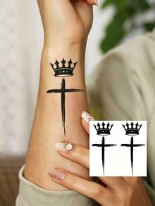 1pc Black Cross Crown Temporary Tattoo Sticker, Suitable For Men And Women Adults, Can Be Used On Hands, Fingers, Neck, Collarbone, Ankles, Forearms, Calves And Other Body Parts, Semi-Permanent Fake Tattoo Sticker, Waterproof And Long-Lasting, Realistic Effect, Suitable For Festivals, Parties And Other Occasions. - Multicolor - View 3