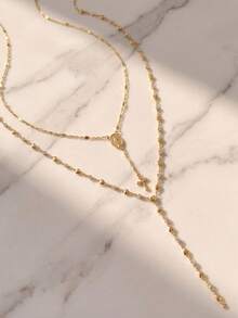 Women's Layered Exquisite Necklace Set, Vintage Coin Pendant Y-Chain, Delicate French Jewelry - Gold - View 3