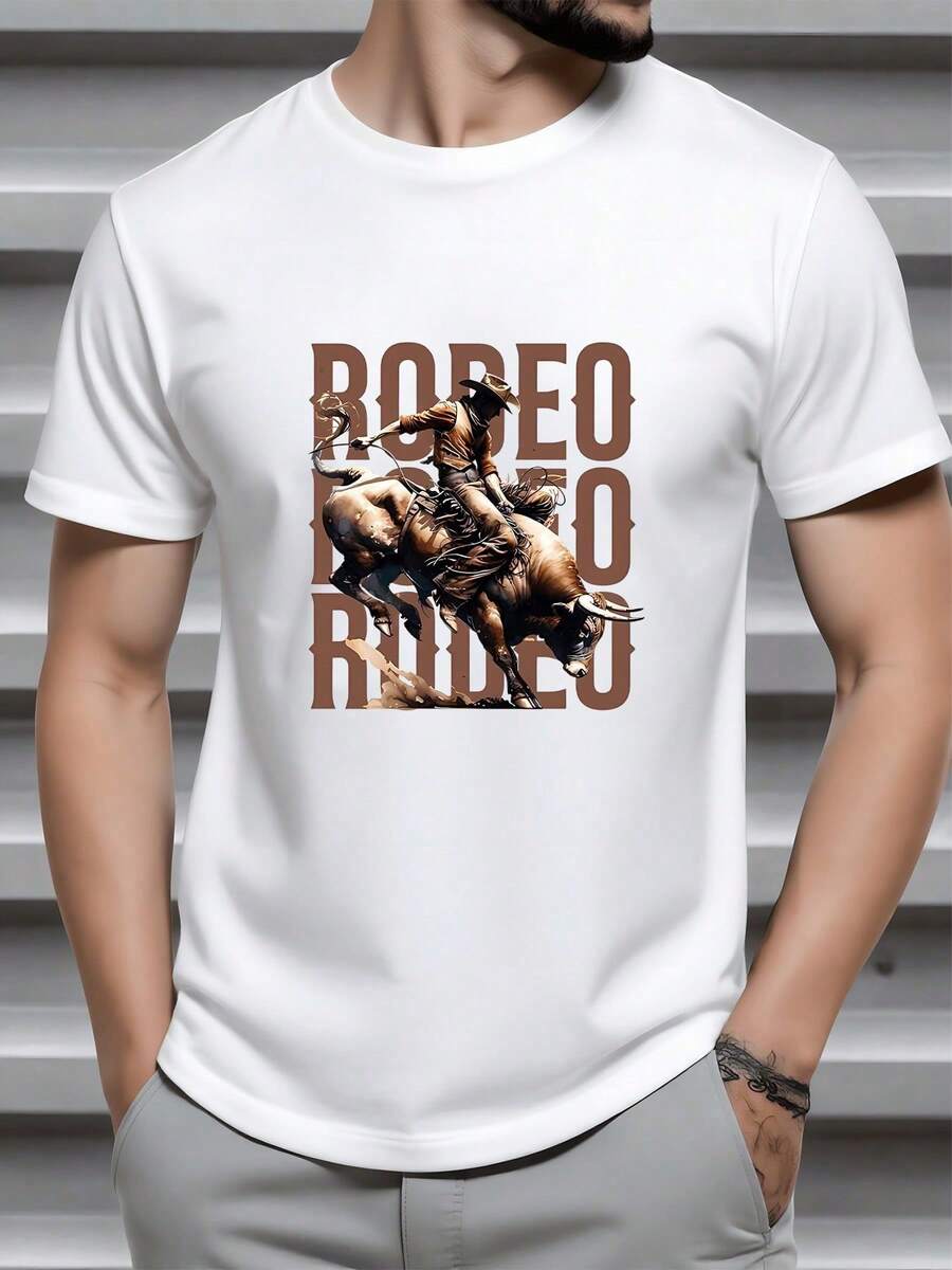 The Image Shows A Brave Rodeo Rider Holding On Tight As The Bull Leaps Energetically, Symbolizing Free Spirit, Courage, And A Passion For Adventure. Men's T-Shirt - White - View 1