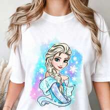 Disney Women's Oversized T-Shirt, Frozen Elsa Watercolor Glitter Print, All-Season Casual Outfit - White - View 1