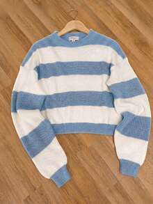 Striped Cropped Knit Blouse, Balloon Sleeves, Round Neck, Women's, Autumn/Winter 2026, , Premium Fabric, Sweater, Retro, Everyday Wear, Fashionable, New Line, University Style, Warm, Various Colors, Y2k - 藍色 - 查看 2