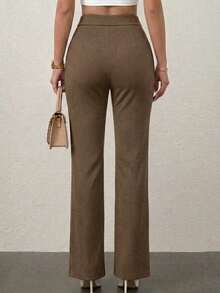 Pantalón Wide  Elegante Con Pinzas Frontales Y Tiro Alto - Pantalón De Vestir  Para Mujer POLIESTER . Pantalón Sastre De Cintura Alta Que Estiliza La Figura.. - Marrón Mocha - Ver 2