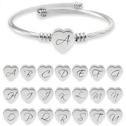 1pc Stainless Steel Hypoallergenic 26 Letter Open Bangle, Steel Wire Woven Heart Titanium Steel Bracelet