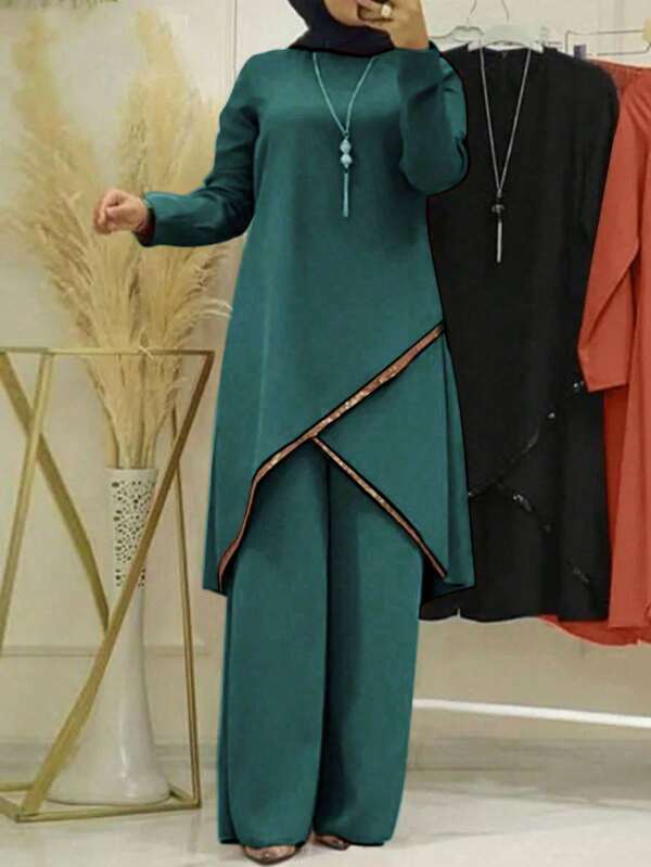 Women Arabian Asymmetrical Hem Long Sleeve Tunic And Pants Set, Modest Spring