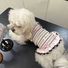 新款夏季條紋狗狗洋裝，防掉毛夏季套裝，適合貴賓犬與比熊犬幼犬的寵物衣服 - 粉色 - 查看 6