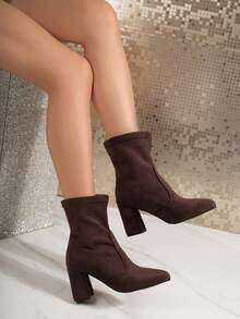 Women's Fashion Versatile Chunky High Heel Suede Patchwork Pointed Toe Slip-On Ankle Boots, Comfortable Leg-Lengthening Slimming Boots, Street Party Cute Outdoor Lolita Style - Brown - View 4