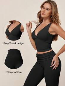 TimeOff 1 Set Women's Solid Color V-Neck Backless Removable Padded Camisole And Flared Leg Pants Sports Suit - Black - View 1