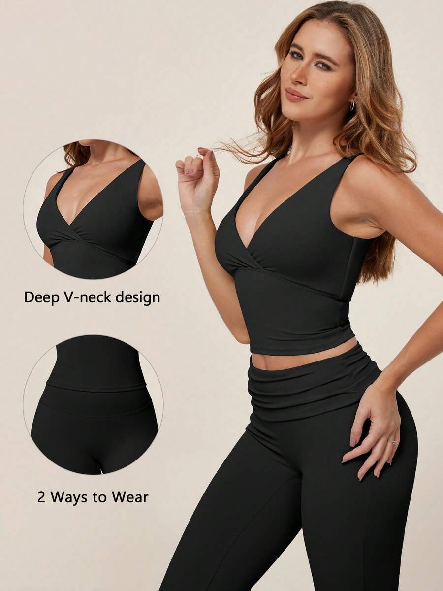 TimeOff 1 Set Women's Solid Color V-Neck Backless Removable Padded Camisole And Flared Leg Pants Sports Suit - Black - View 1