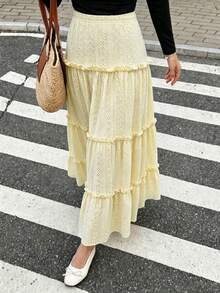 純色優雅休閒荷葉邊女款長裙，適合約會、情人節、音樂節、外出、海灘，春/夏季穿著 - 鵝黃色 - 查看 3