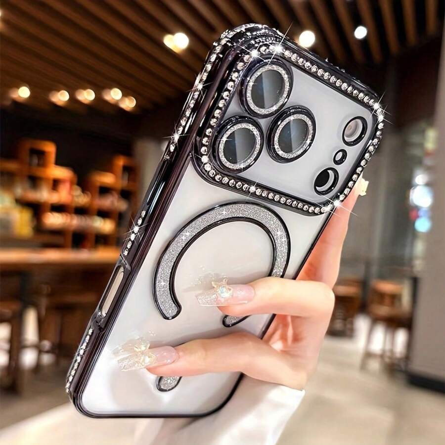 Phone Case - High-Quality Flash Diamond Phone Case For IPhone 17 Pro Max With Magnetic Wireless Charging, Protective Cover With Lens Protection Film, Diamond-Look Design, Durable Craftsmanship, Ideal For Fashion-Conscious Users And Owners - Black - View 1