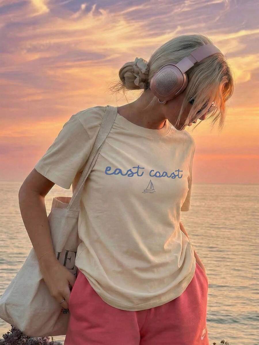 Camiseta de mujer estampada de manga corta para verano, tela de poliéster, estilo multifuncional, corte regular, peso 180 gramos, 1 unidad. - Albaricoque - Ver 1
