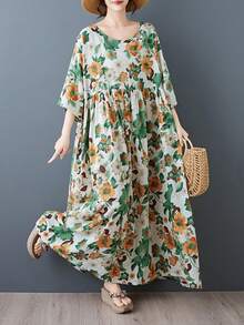 AZAH 萬聖節優雅舞會波希米亞風休閒度假優雅媽媽洋裝，夏季圓領寬鬆印花薄款布料日常穿著 - 綠色 - 查看 6