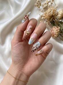 10pcs Handmade Medium Almond Shape Press-On False Nails, Baby Blue & Brown, 3D Gold Rings & Polka Dots, 3D Floral & Tortoise Shell French Tips With Rhinestones, Removable & Reusable Manicure Set (Includes Jelly Glue & Nail File) - Blue-brown - View 3