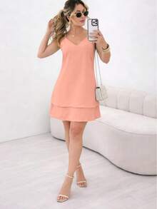 Women's Short Loose Tiered Ruffle Dress Candy Colors Summer Adjustable Straps - Peach - View 5