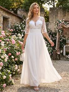 Elegant Wedding Dresses For Bride, Leaf Glitter Half Sleeved Chiffon Long Dress,White Dress For Women Bridal, Formal Dress For Wedding Party - White - View 1