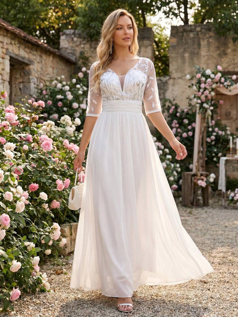 Elegant Wedding Dresses For Bride, Leaf Glitter Half Sleeved Chiffon Long Dress,White Dress For Women Bridal, Formal Dress For Wedding Party - White - View 1