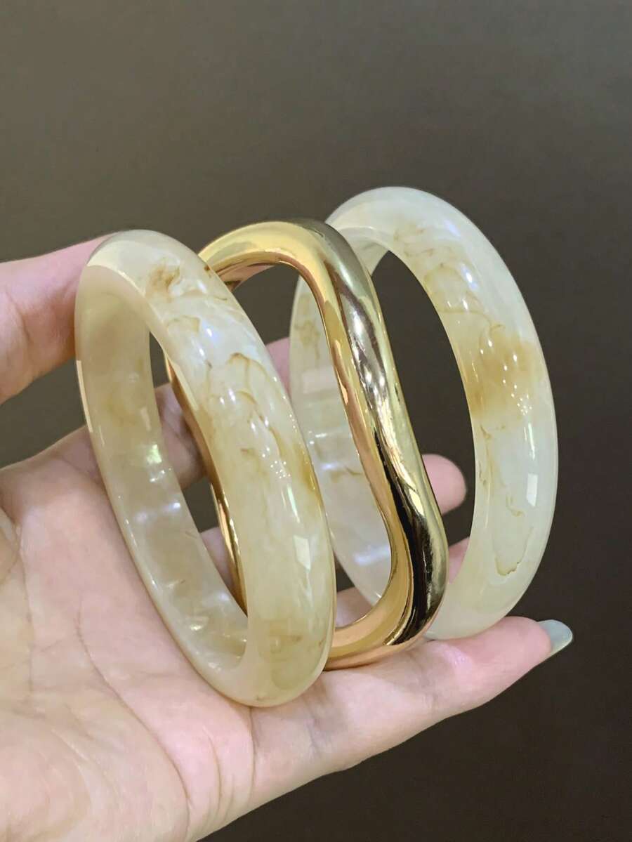 LADYCOCO 3pcs/Set Gelang Resin Akrilik Tebal Bergaya Vintage dengan Gelang Asimetris Bergelombang Emas untuk Wanita, Cocok untuk Pesta dan Pemakaian Sehari-hari