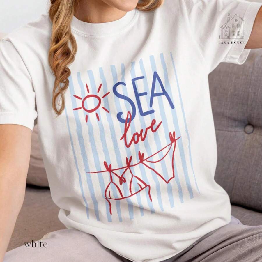 Camiseta Sea Love 2026 | Camiseta Ocean, Camisa de Estética Costera de Verano, Colores Cómodos ® Camiseta blanca bonita de verano, prendas, ropa informal, camisetas cómodas - Blanco - Ver 1