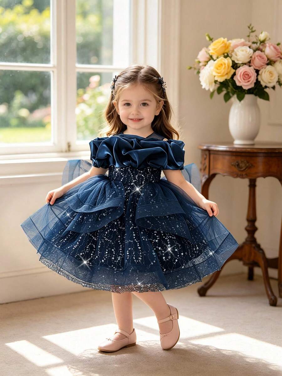 Baby Girls Sequin Tulle Luxurious Cute Puffy Princess Dress For Party, Headband Not Included - Navy Blue - View 1