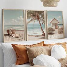 3Pcs Neutral Boho Beach Canvas Wall Art, Palm Swing, Beach Basket & Coastal Hut Prints, Calm Coastal Farmhouse Decor For Living Room Bedroom, Soft Tropical Home Decoration, Frameless - 834 - View 7