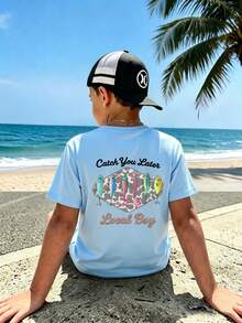 Tween Boy Casual Graphic Print Crew Neck Short Sleeve T-Shirt, Summer Top - Baby Blue - View 1