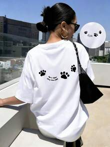 Colección de Primavera y Verano con una Camiseta de Manga Corta y Cuello Redondo Decorada con un Adorable Diseño de Huella de Pata en la Espalda, Perfecta para un Uso Casual y Versátil. - Amarillo - Ver 7