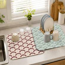 Luckybutterfly 2pcs Color Block Fan Pattern Themed Multi-Functional Drying Mats, 2 Different Styles Polyester Absorbent Countertop Protection Mats, Suitable For Kitchen, Dining Table Decor, Dishwashing Mat, Washing Machine And Coffee Machine Mat, Bathroom Sink Coaster, Kitchen Accessories, Party Supplies - Mint Green Fan-shaped + Red Bean Paste Pink Fan-shaped - View 13