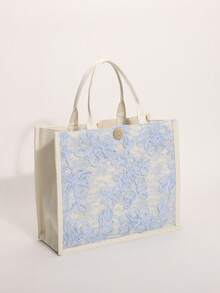 Bolso de mano de lino con bordado de malla de lentejuelas y patchwork floral azul claro, bolso tote de gran capacidad con patrón floral horizontal cuadrado, adecuado para vacaciones casuales (patrón floral distribuido aleatoriamente) - Celeste - Ver 5