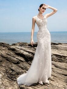 HEARBOBO Baroque Style Cute White Elastic Floral Lace Patchwork Wedding Dress With Train - White - View 1
