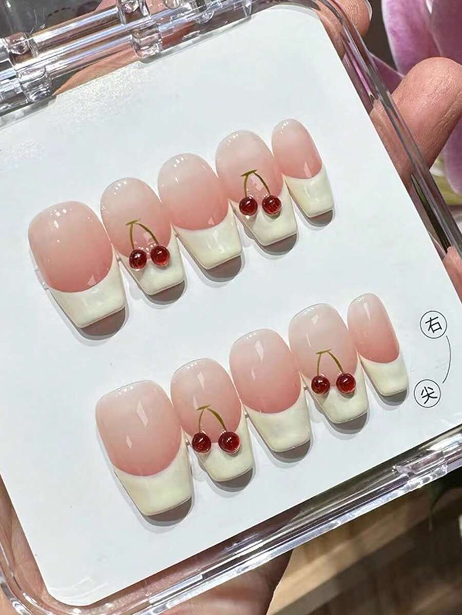 10 piezas de uñas postizas hechas a mano con forma de ataúd, estilo dulce y fresco para chicas, base rosa, punta francesa blanca crema y adornos de cereza 3D para mujeres y niñas, uso en primavera, verano, otoño, invierno, festivales, fiestas y vida diaria - Rosa - Ver 1