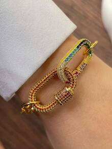 1件金色奢華攀爬扣手鍊，多色螺絲扣雙扣彩色鏈條手鍊，女性精緻日常通勤裝飾 - 金黃色 - 查看 8