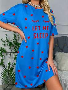 Women's "Sleep" Slogan Eyelash Pajamas - Comfortable Short Sleeve Round Neck T-Shirt Dress, With Heart Accents, All-Season Knit Sleepwear - Royal Blue - View 3