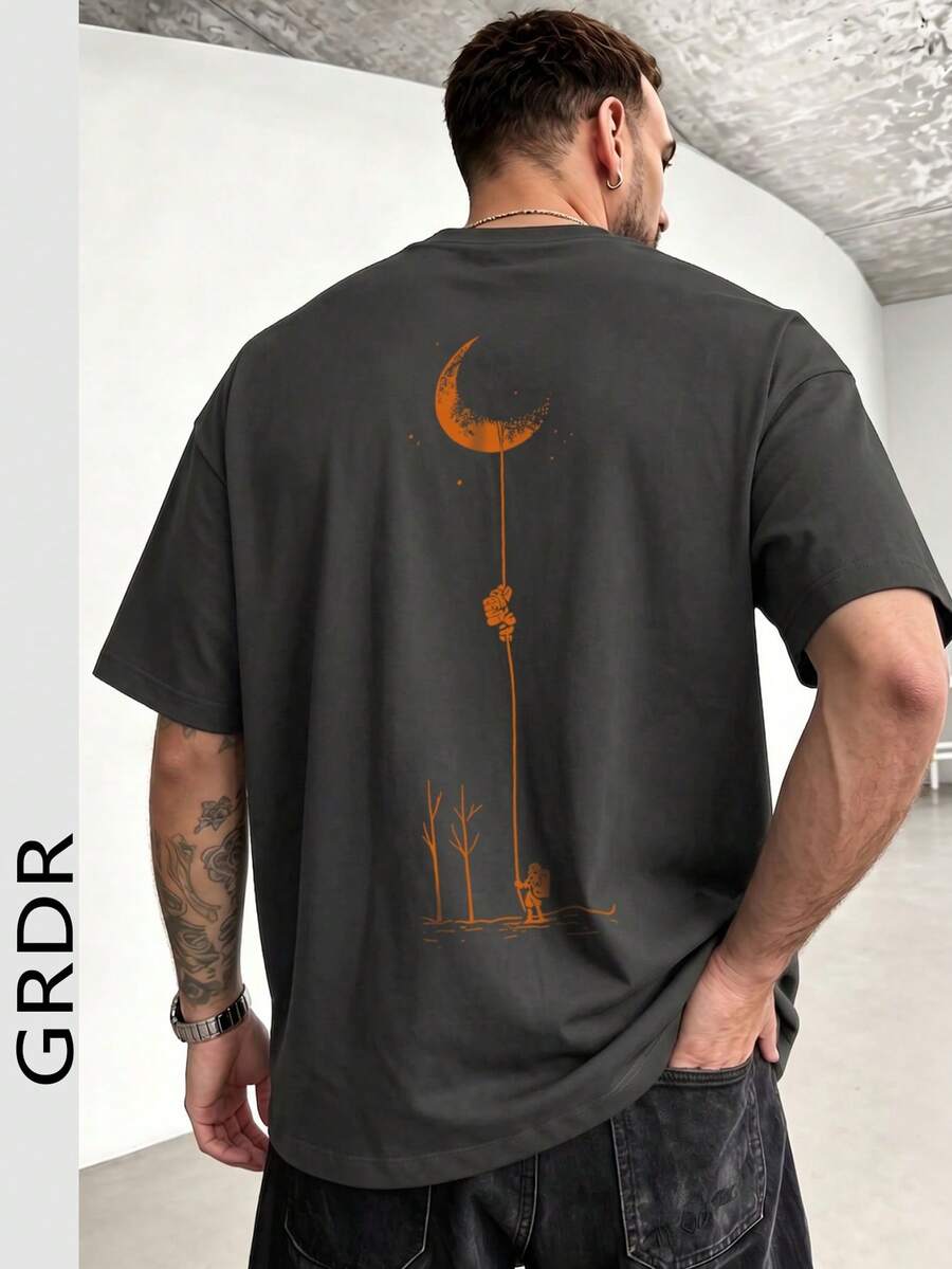 GRDR Men's Fashionable Printed Loose Short Sleeve T-Shirt | Exquisite Design | Summer Essential | Easy To Match, Showcasing Your Style - Dark Grey - View 1