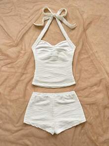 Conjunto de 2 piezas de top halter con estrellas de mar y shorts para vacaciones en la playa de mujer - Naranja - Ver 3