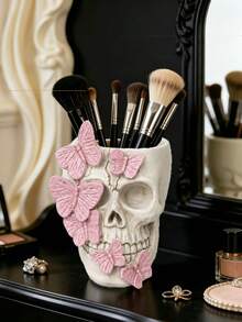 Skull Makeup Brush Holder, Butterfly-Shaped Gothic Makeup Brush Holder, Desktop Pen Holder, Dressing Table Decoration, Pink/Gold - Multicolor - View 13