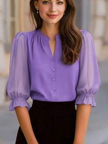 Blus Wanita Elegan Leher Bulat Lengan 3/4 dengan Detail Jala Transparan dan Motif Kelopak Bunga, Pakaian Kerja Musim Semi/Panas, Warna Lavender - Ungu Taro - View 3