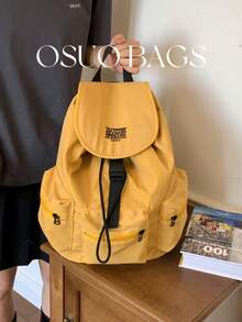 Summer Large Capacity Fashion Plaid Multi-Pocket Nylon Casual Backpack, Waterproof Lightweight Foldable Drawstring Patch Letter Travel Bag - Yellow - View 10