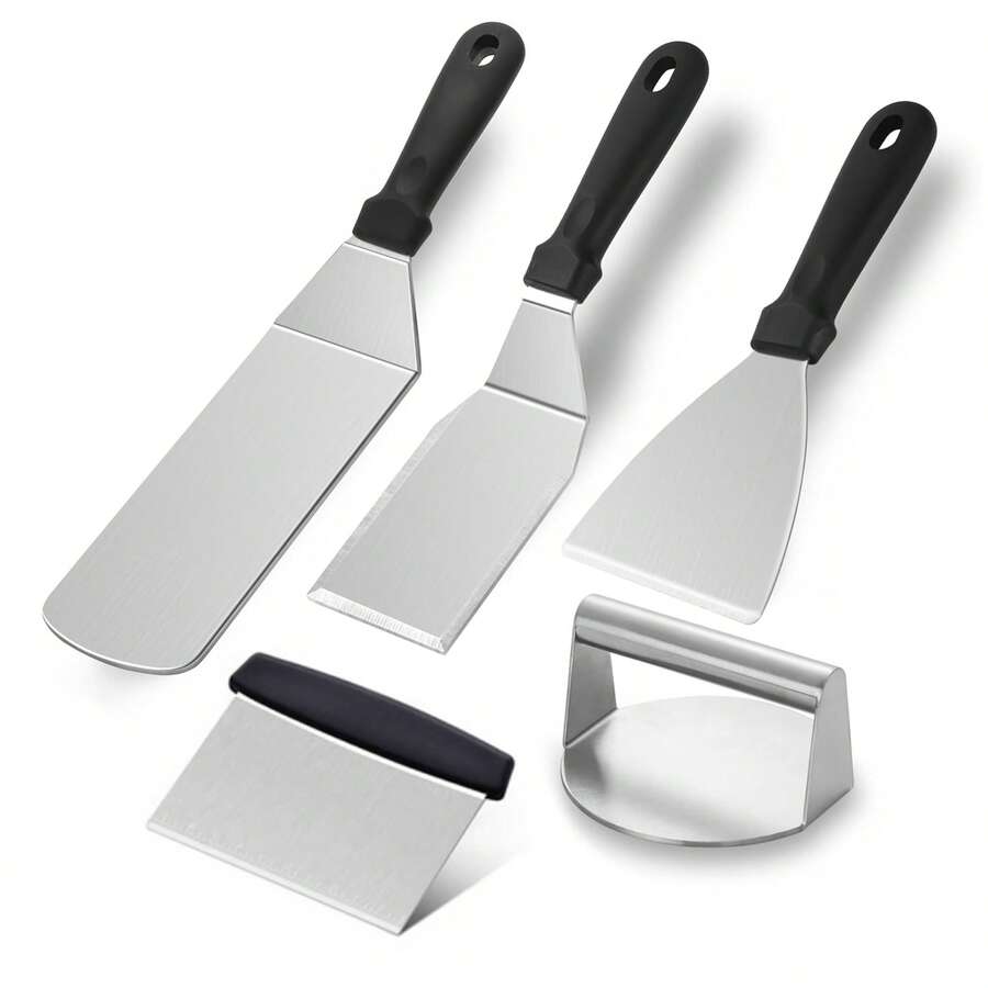 5pcs Grill Accessories Set, Compatible With Flat Top Grill, Includes Extended Spatula, Meat Press, Basting Cover And Scraper, Designed For Outdoor BBQ - A - View 1
