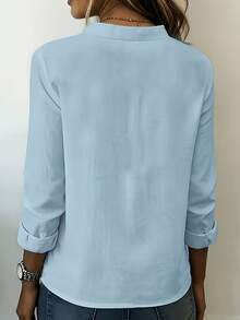 1pc Elegant Long Sleeve Solid Color Polyester Button-Up Women's Shirt, Suitable For Office, Home, Daily Wear In Spring And Summer - Light Blue - View 2
