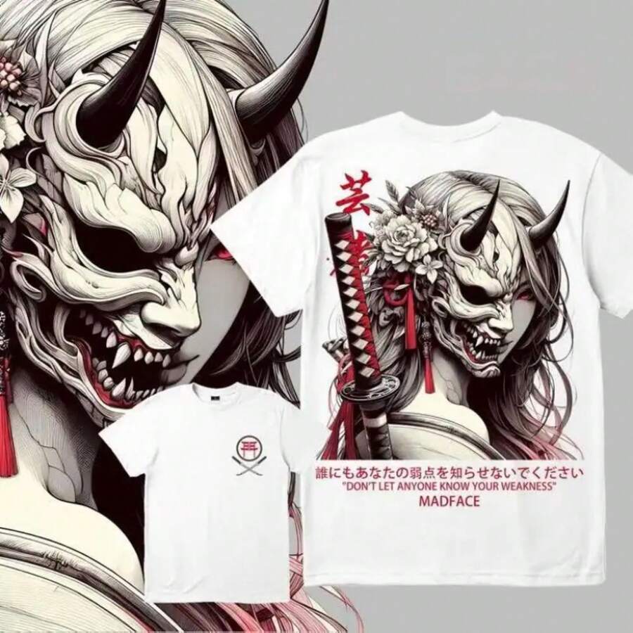 Unisex Black T-Shirt 100% Unwashed Cotton, A320 Geisha Design With Hannya Mask, Anime And Samurai Style, Streetwear Aesthetic Fashion, Casual Wear For Men And Women, Perfect For Use - 淡紫色 - 查看 1