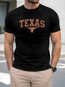 Image Representing The Strength And Cowboy Spirit Of Texas With A Longhorn Bull, Symbol Of Southern Pride. Men's Plus Size T-Shirt, 100% Cotton, Comfortable And Modern For Everyday Wear. - 黑色 - 查看 1