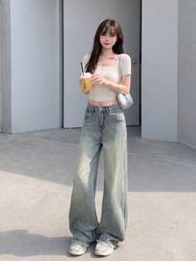 YEAE | Celana Jeans Wanita Model Retro Amerika dengan Potongan Longgar dan Lebar, Pinggang Tinggi, Potongan Lurus, dan Ujung Berumbai, Gaya Kasual Musim Gugur - Light Wash - View 5